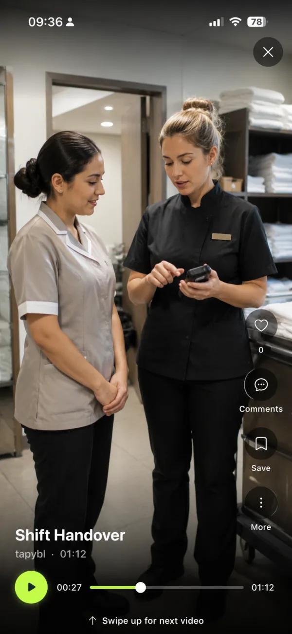 The tapybl app on a phone, playing the Shift Handover microreel
