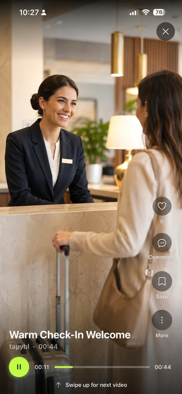 Warm Check-In Welcome microreel on a phone