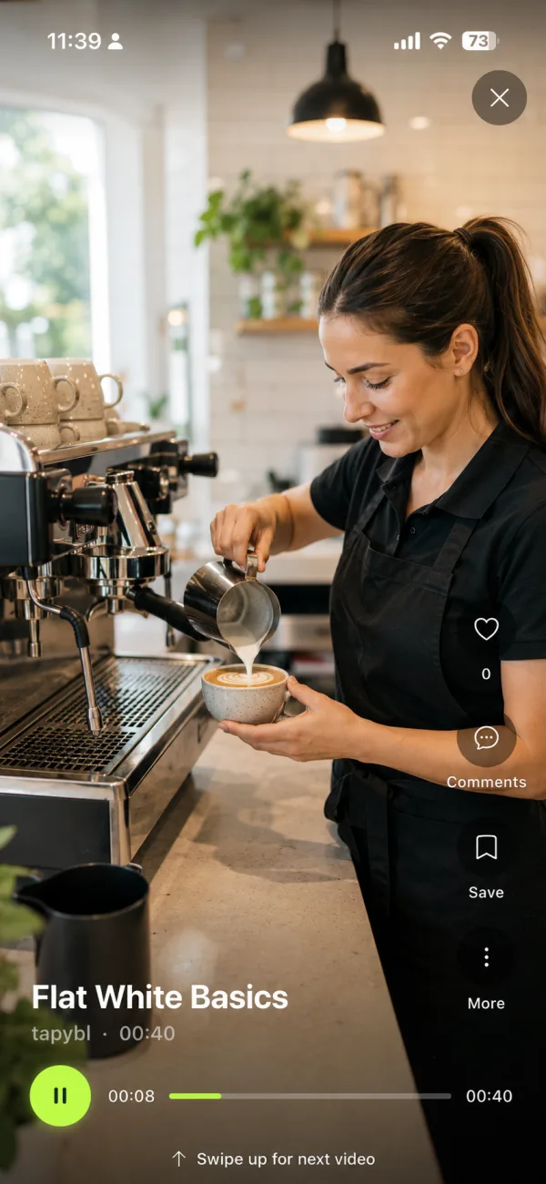 Flat White Basics microreel on a phone